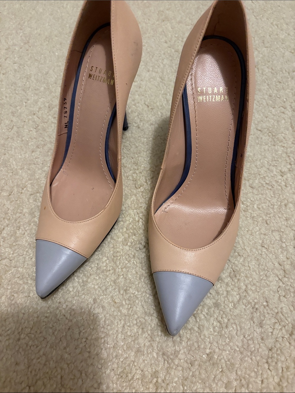 Stuart Weitzman Blush Beige Pumps with Light Gray Pointed Toes